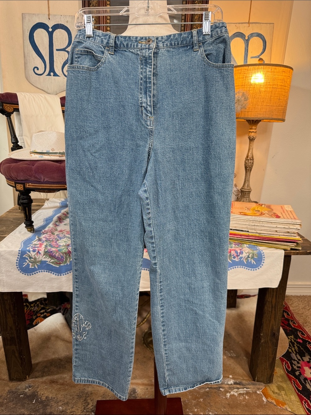 Vintage Quacker Factory Light Blue Straight Leg Jeans with Rhinestone Detail